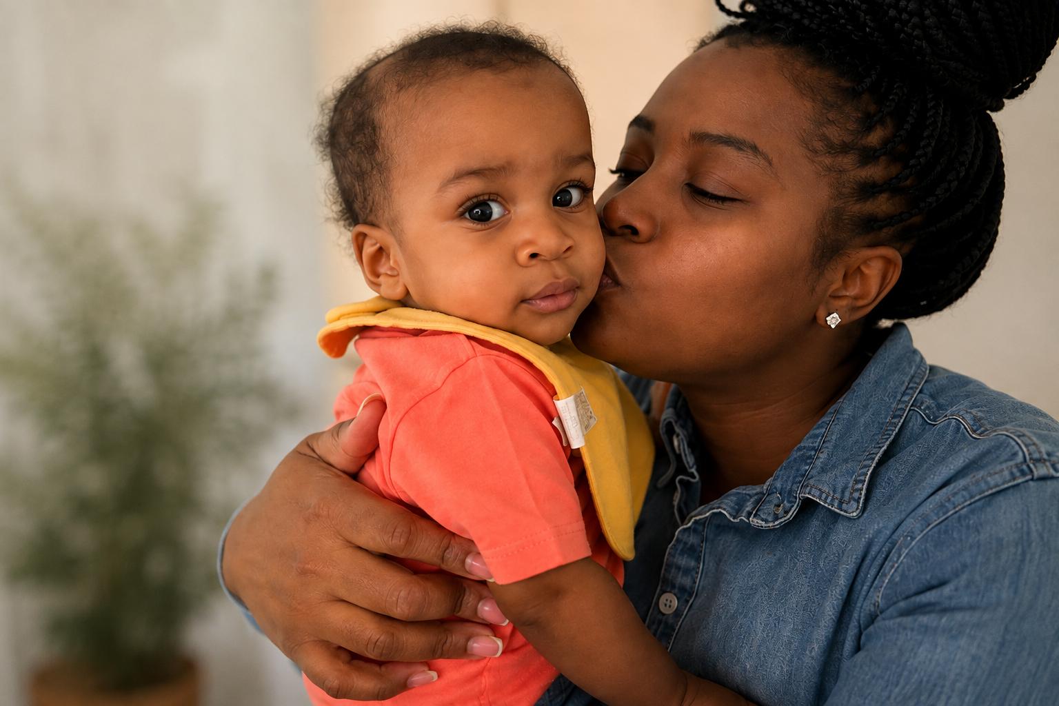 A mother lovingly kissing her baby at home